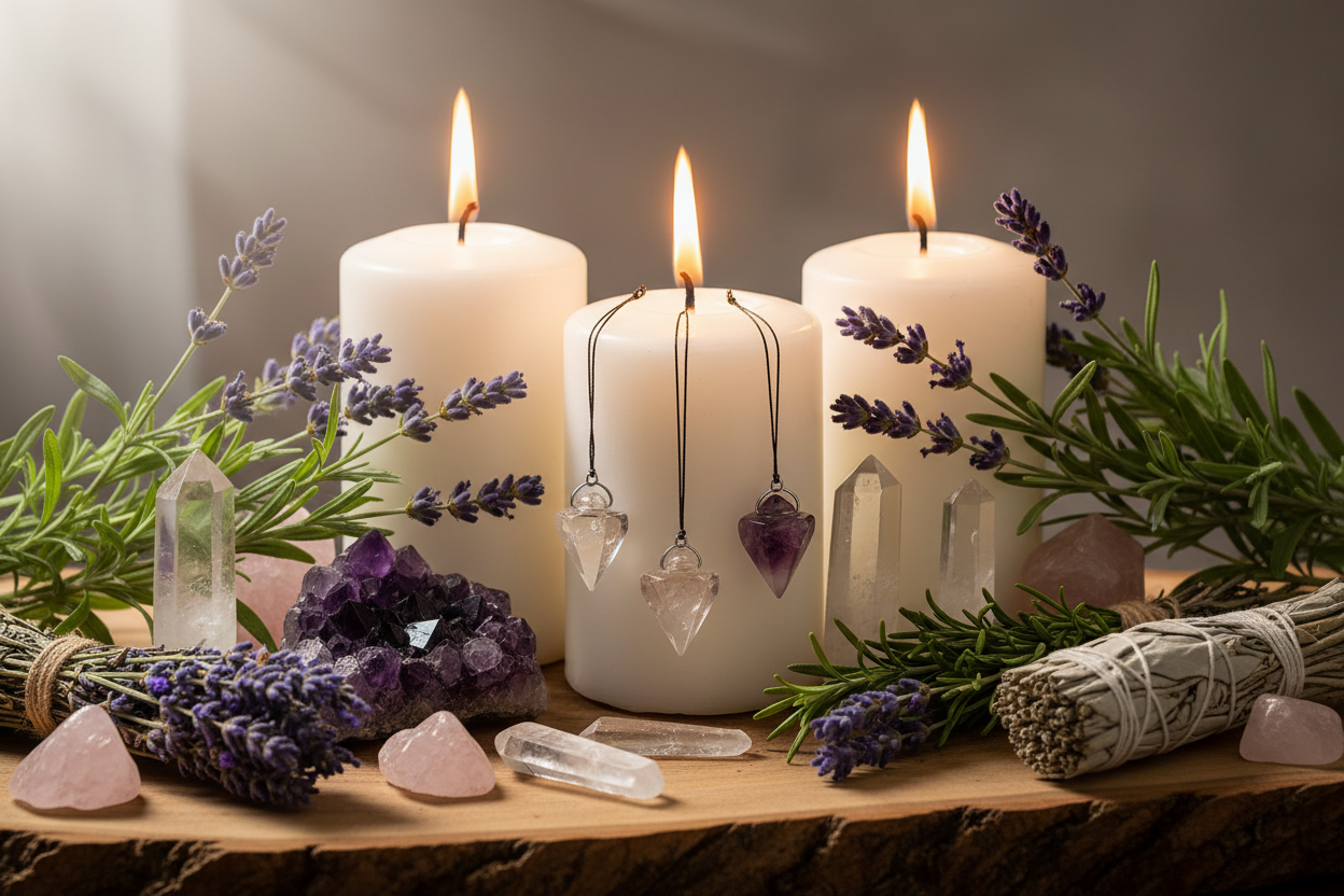 white candles burning with lavender on the sides make it herbal witchy show pendelums and crystals 